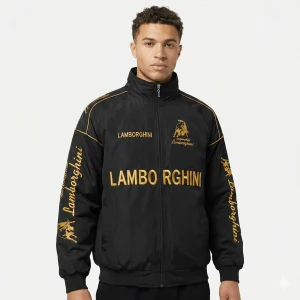 Lamborghini Racing Team Jacket – Black Motorsport Zip-Up with Gold Embroidered Logos