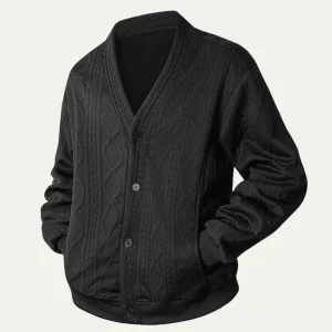 Men's Cardigan — Cable Knit V-Neck Diamond Pattern Button Front