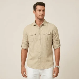Men's Linen Shirt - Loose Fit Long Sleeve Button Closure