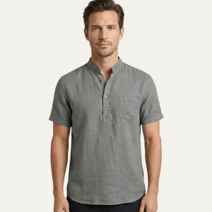 Men's Linen Shirt - Relaxed Fit Short Sleeve Henley Neck