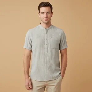 Men's Linen Shirt - Short Sleeve Henley Neck Pullover Style