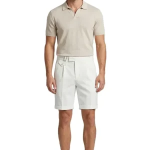Men's Linen Shorts - Front Pleats Turn-Up Hem Side Buckle Closure