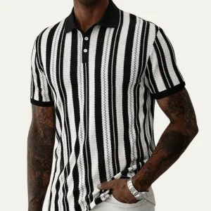 Men's Polo Shirt — Striped Knit Short Sleeve Collar Design
