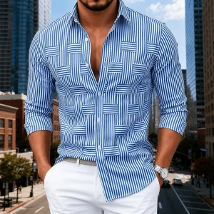 Men's Shirt — Striped Button-Up Tailored Fit Wrinkle Resistant