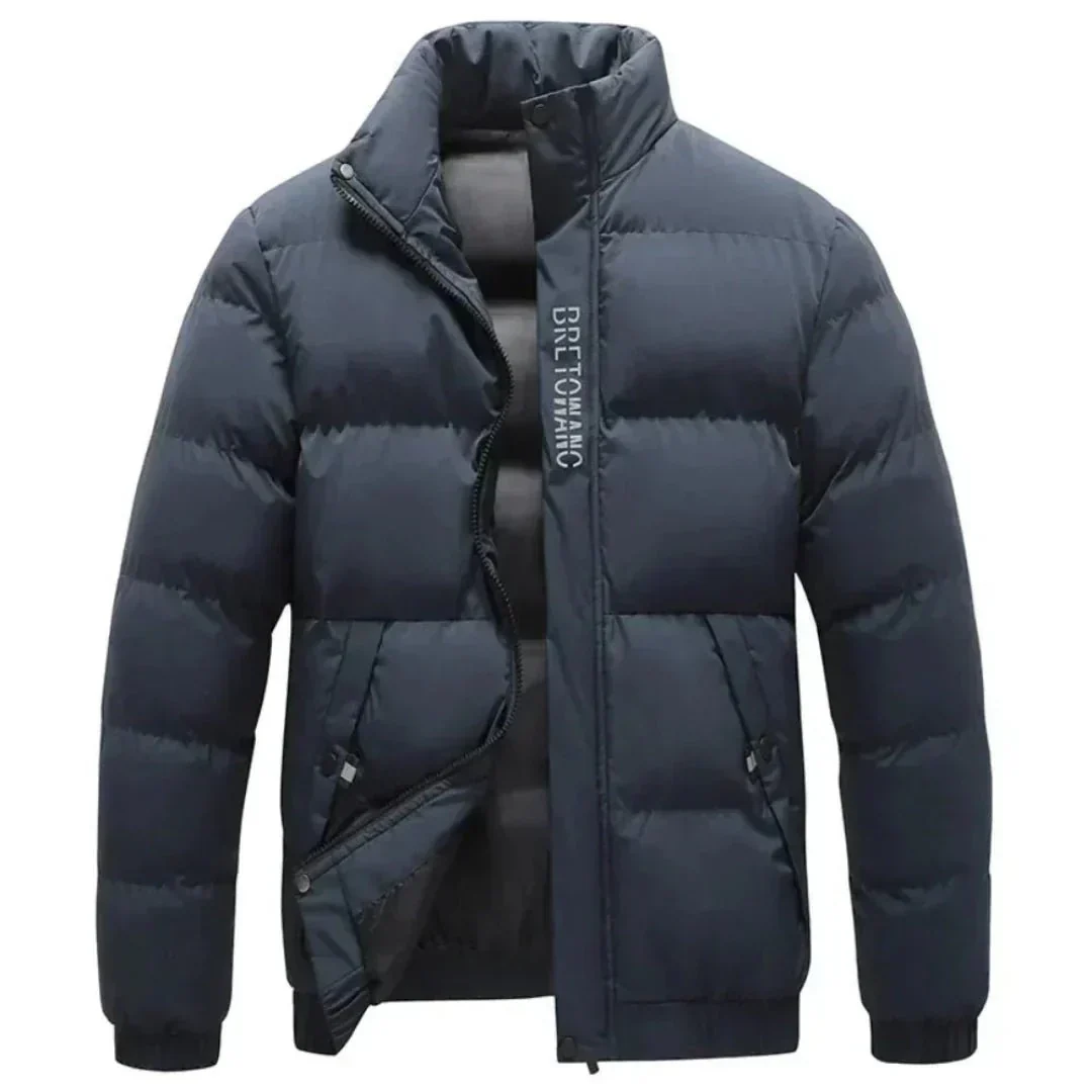 Puffer Jacket Men Stand Collar Wind Resistant Insulated Snap