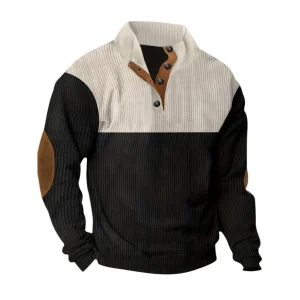 Pullover Sweater Men Ribbed Quarter Button Stand Collar Long Sleeve Elbow Patches