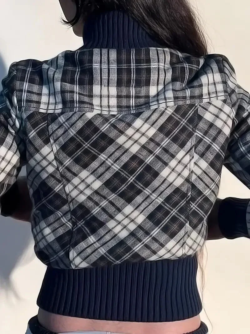 Women's Cropped Jacket — Checked Pattern High Collar Elastic Cuffs - Image 5