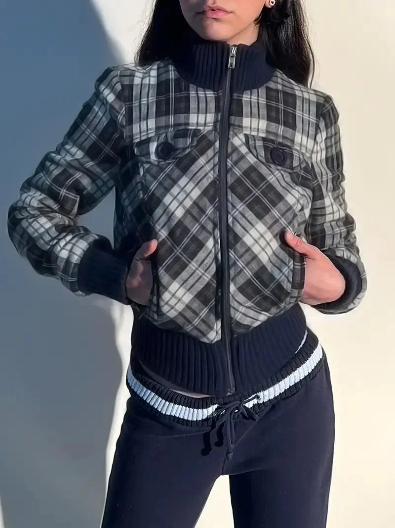 Women's Cropped Jacket — Checked Pattern High Collar Elastic Cuffs - Image 3