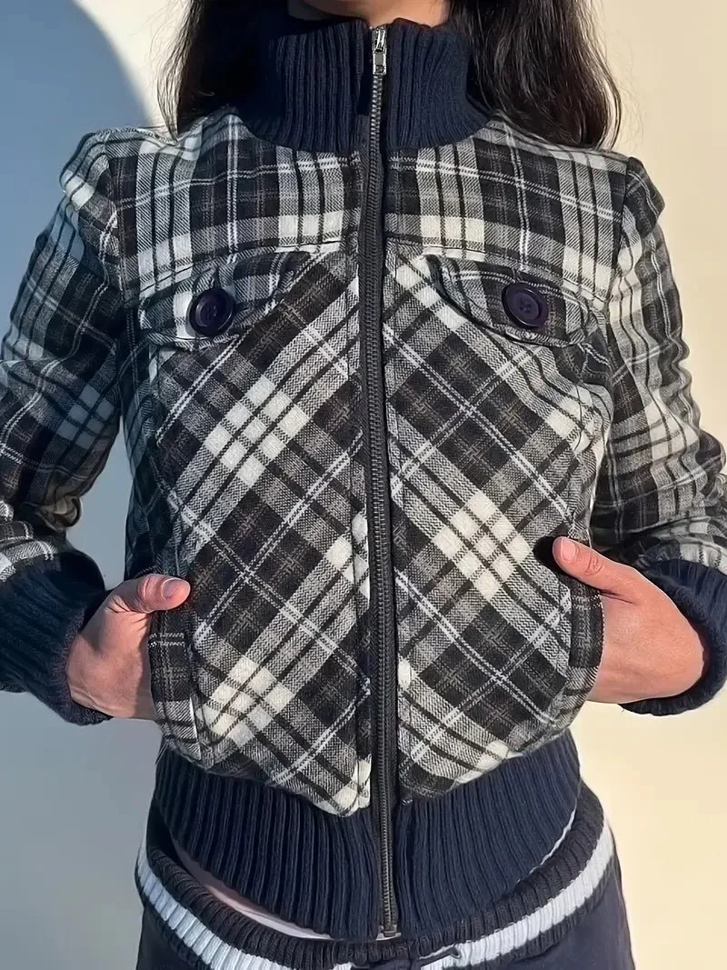 Women's Cropped Jacket — Checked Pattern High Collar Elastic Cuffs - Image 4