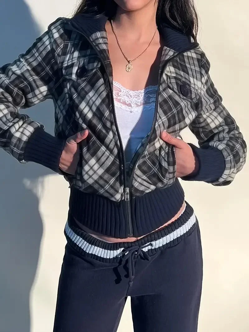 Women's Cropped Jacket — Checked Pattern High Collar Elastic Cuffs - Image 2