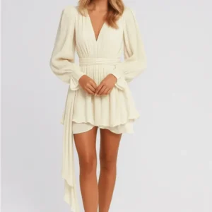 Women's Mini Dress — V-Neck Long Sleeve Layered Ruffle Skirt